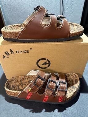 Women’s Brown Triple Buckle Sandals with Red Accent